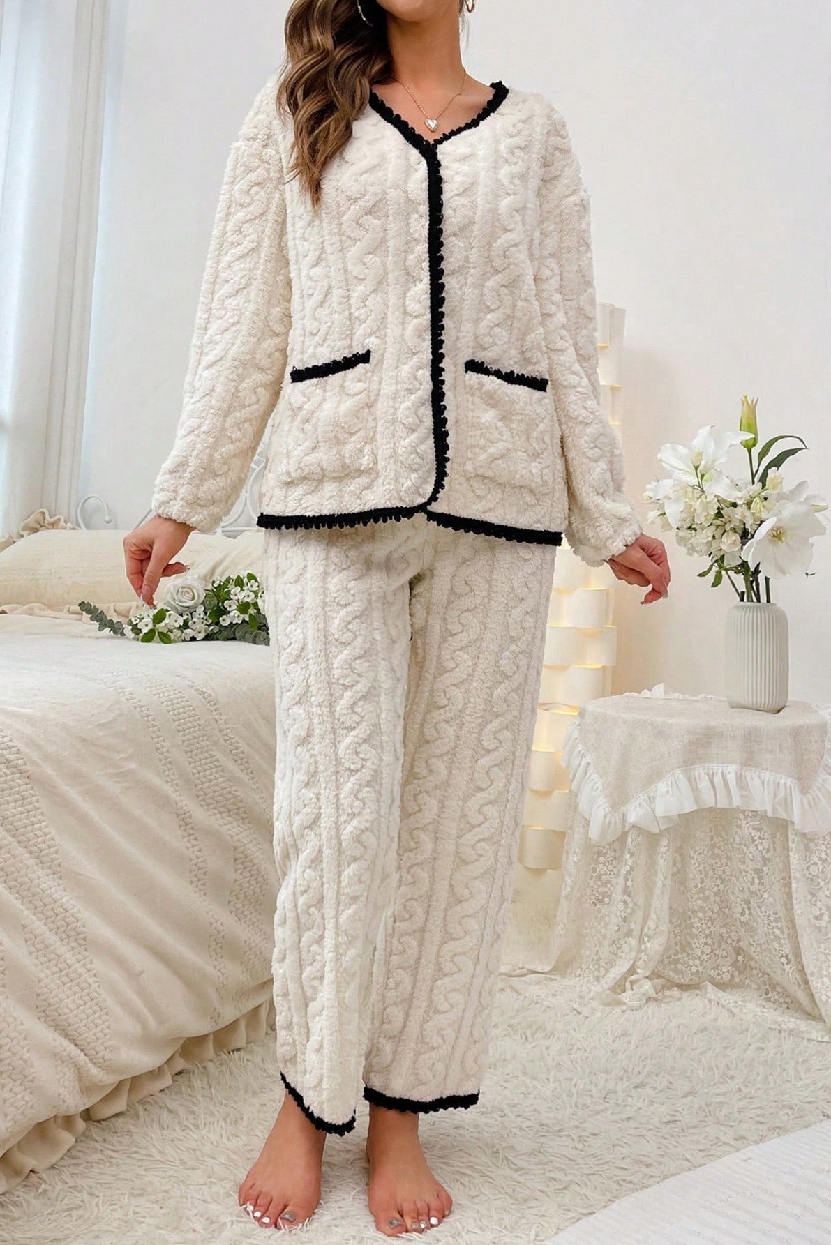 Completo pigiama in pile a maglia con tasche