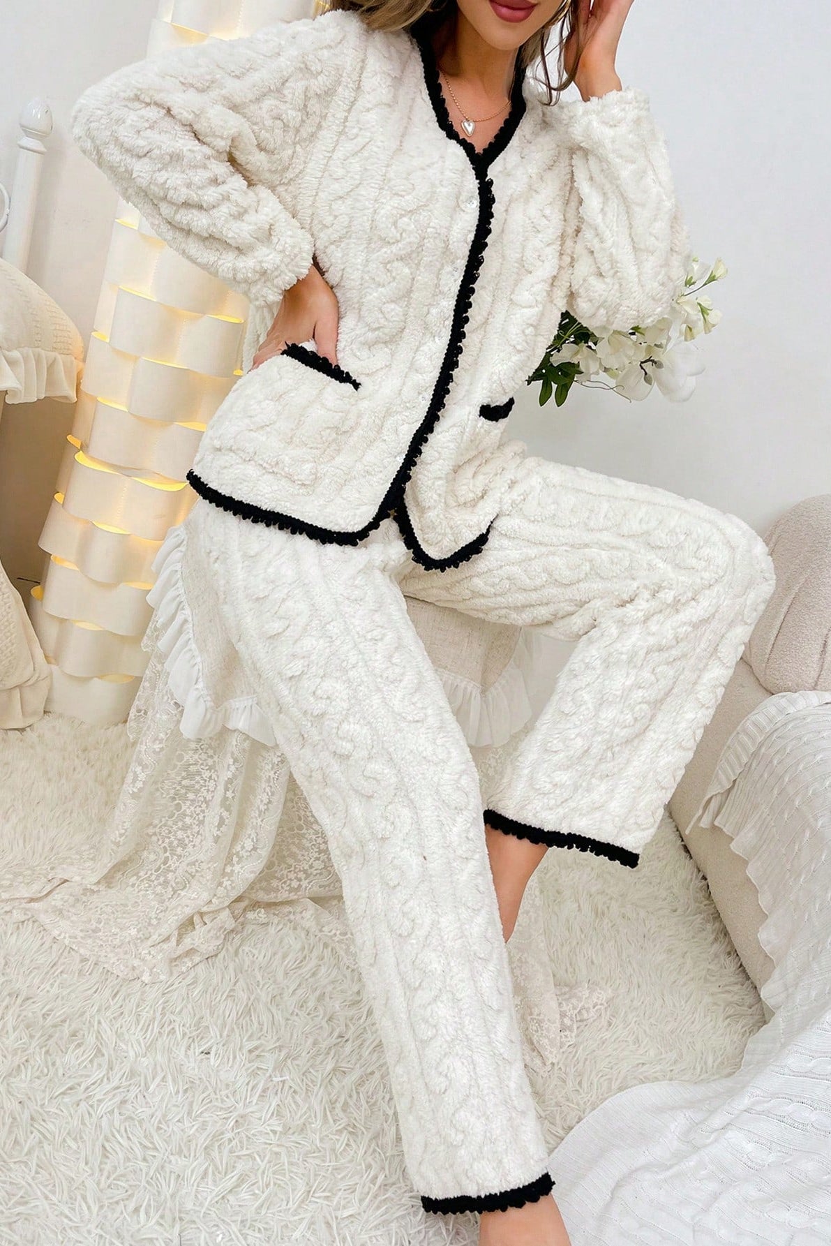 Completo pigiama in pile a maglia con tasche