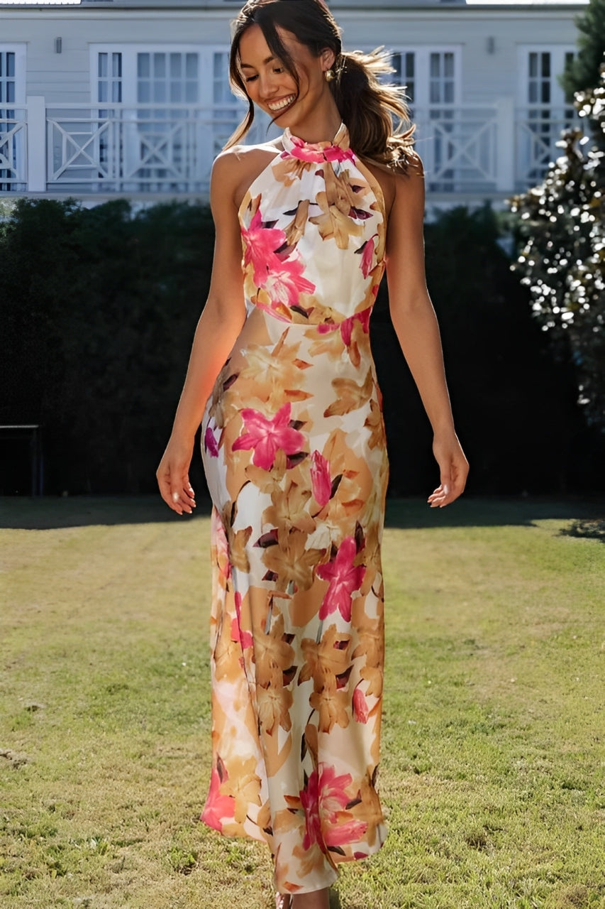 Vestido maxi halter con estampado floral