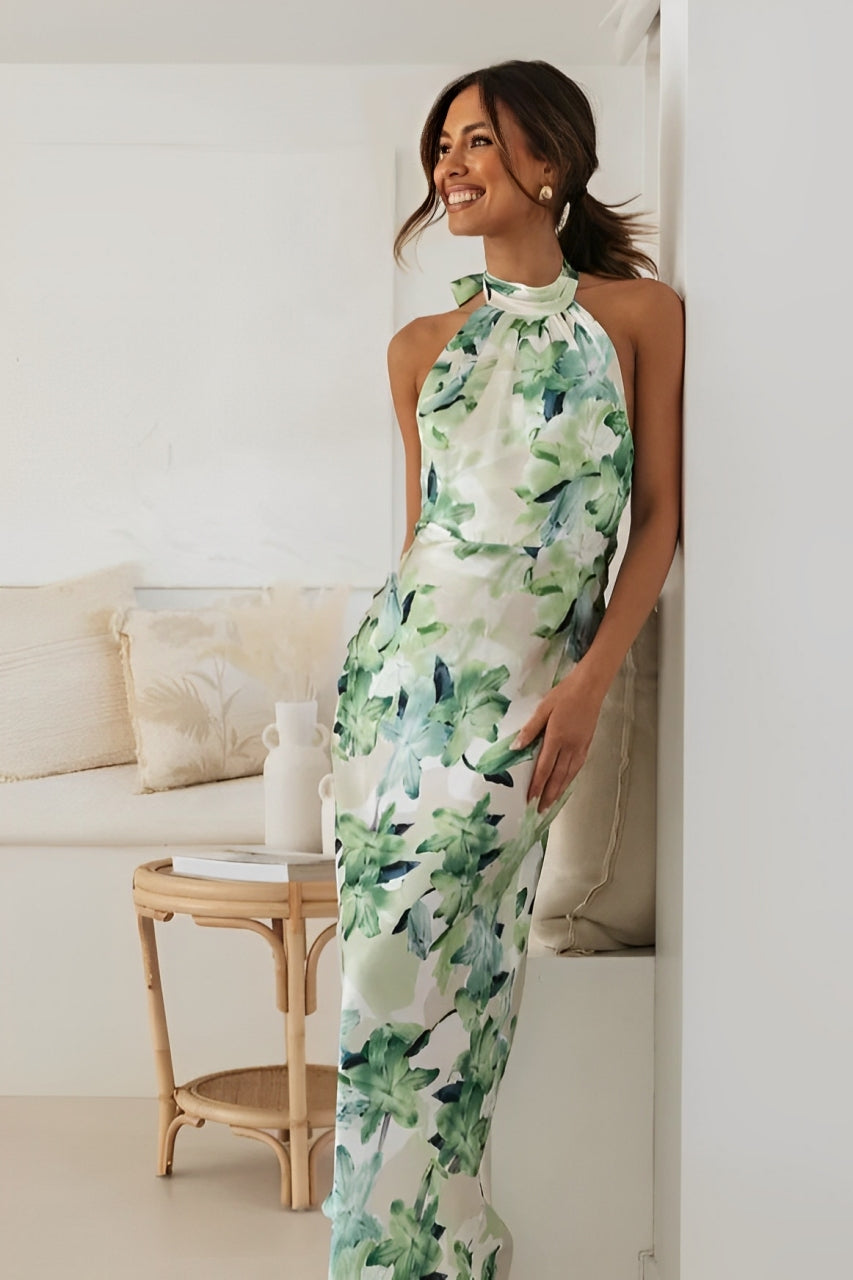 Vestido maxi halter con estampado floral