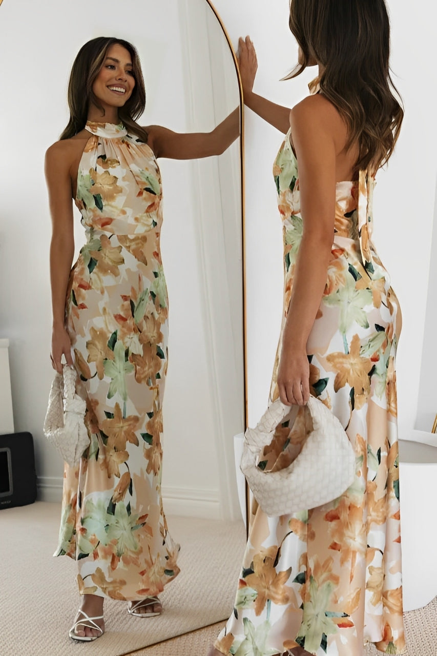 Vestido maxi halter con estampado floral