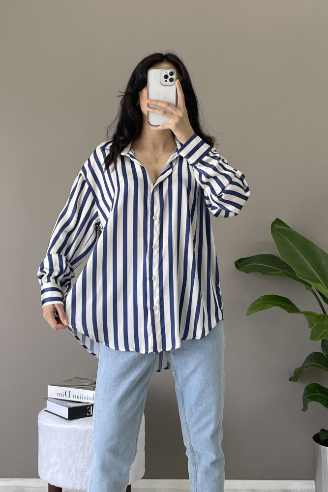Drapey Long Sleeve Shirt Blue Btriped