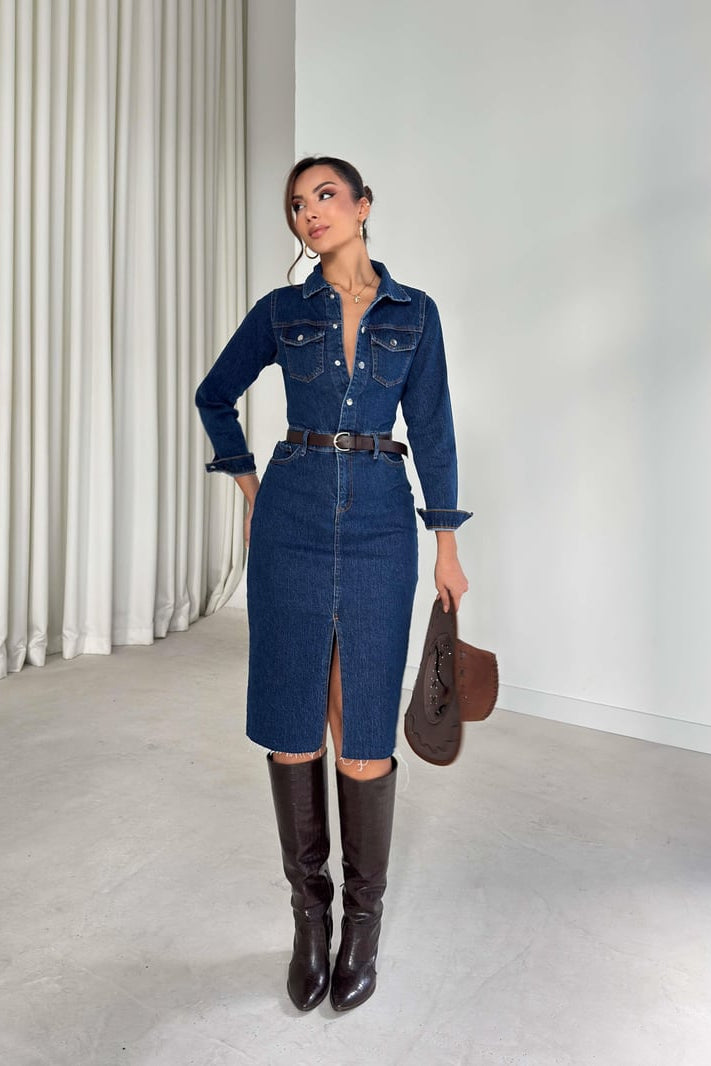 Abito in denim con colletto a bottoni e spacco