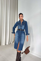 Denim Dress With Button-Down Collar And Slit