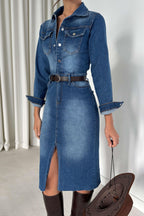 Denim Dress With Button-Down Collar And Slit
