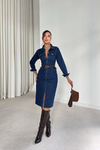 Denim Dress With Button-Down Collar And Slit