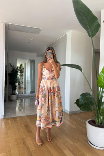 Vestito in lino a fiori con spalline